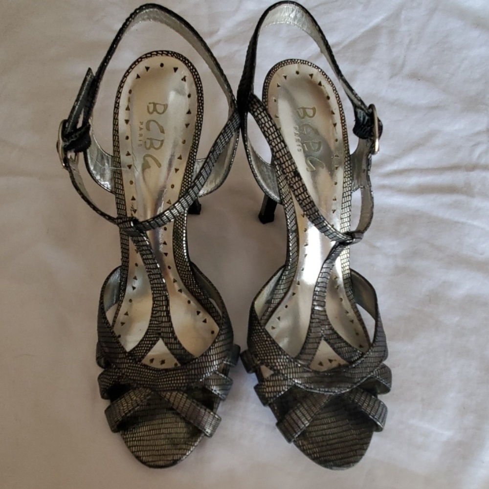 BCBG Paris silver snake print sandals